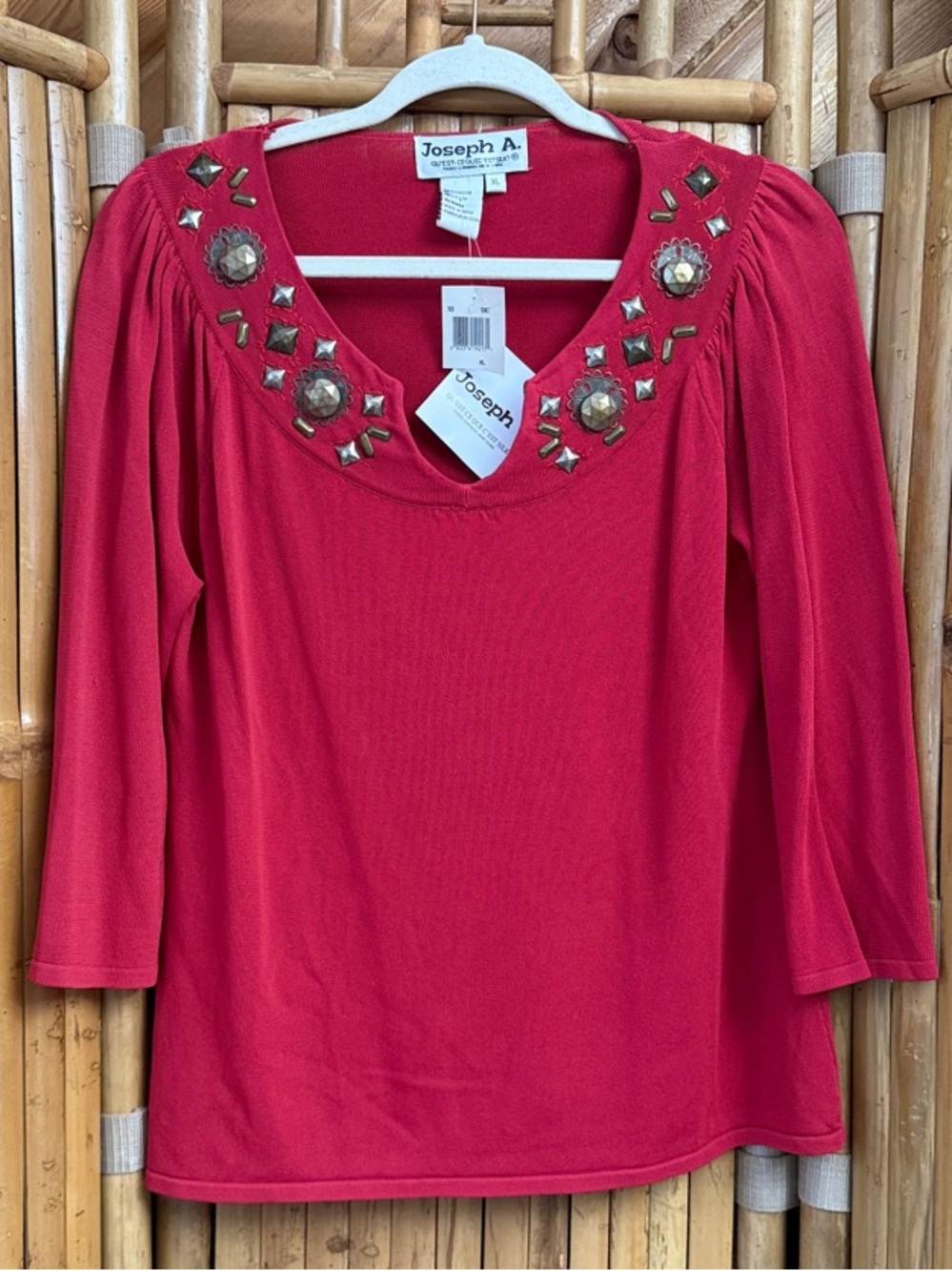 Joseph A Red V-Neck Sweater with Stud Embellishment. NWT